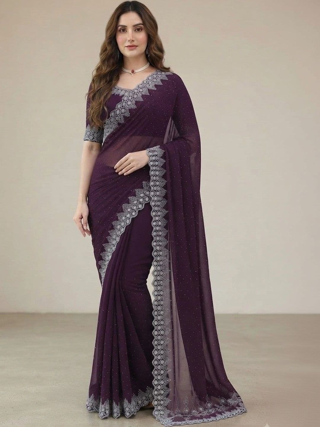 SmileyFashion Embellished Pure Georgette Saree - view 1