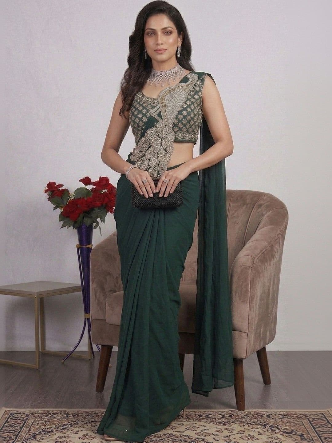 SmileyFashion Embellished Sequinned Pure Georgette Designer Saree - view 1