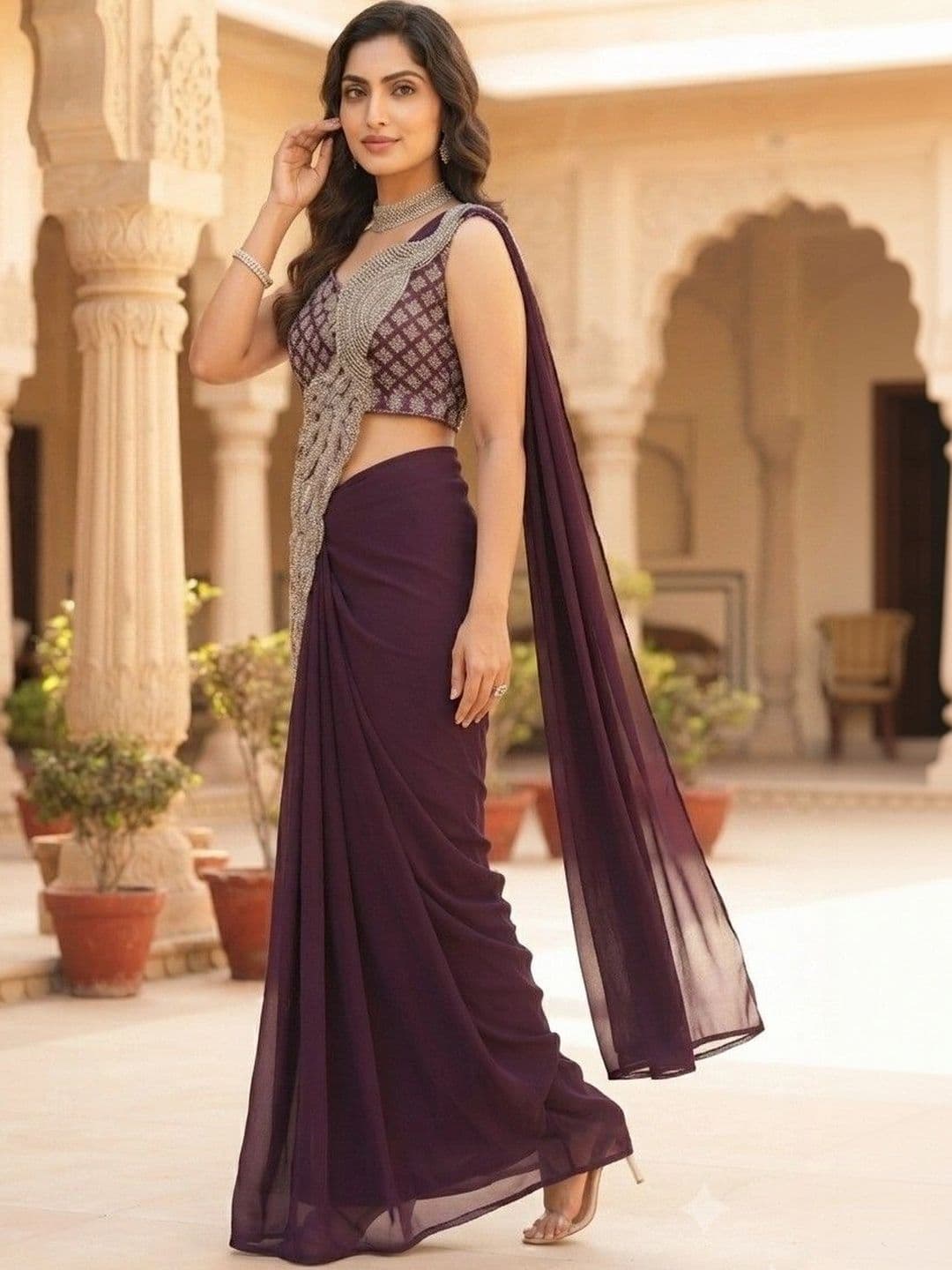 SmileyFashion Embellished Embroidered Pure Georgette Designer Saree thumbnail 2