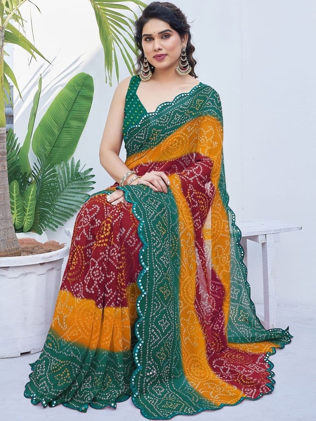 Subham Bandhani Mirror Work Poly Georgette Bandhani Saree - view 1
