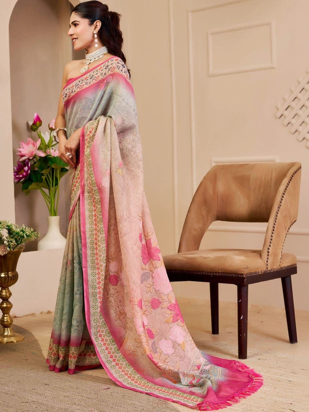HERE&NOW Floral Silk Cotton Handloom Saree thumbnail 6