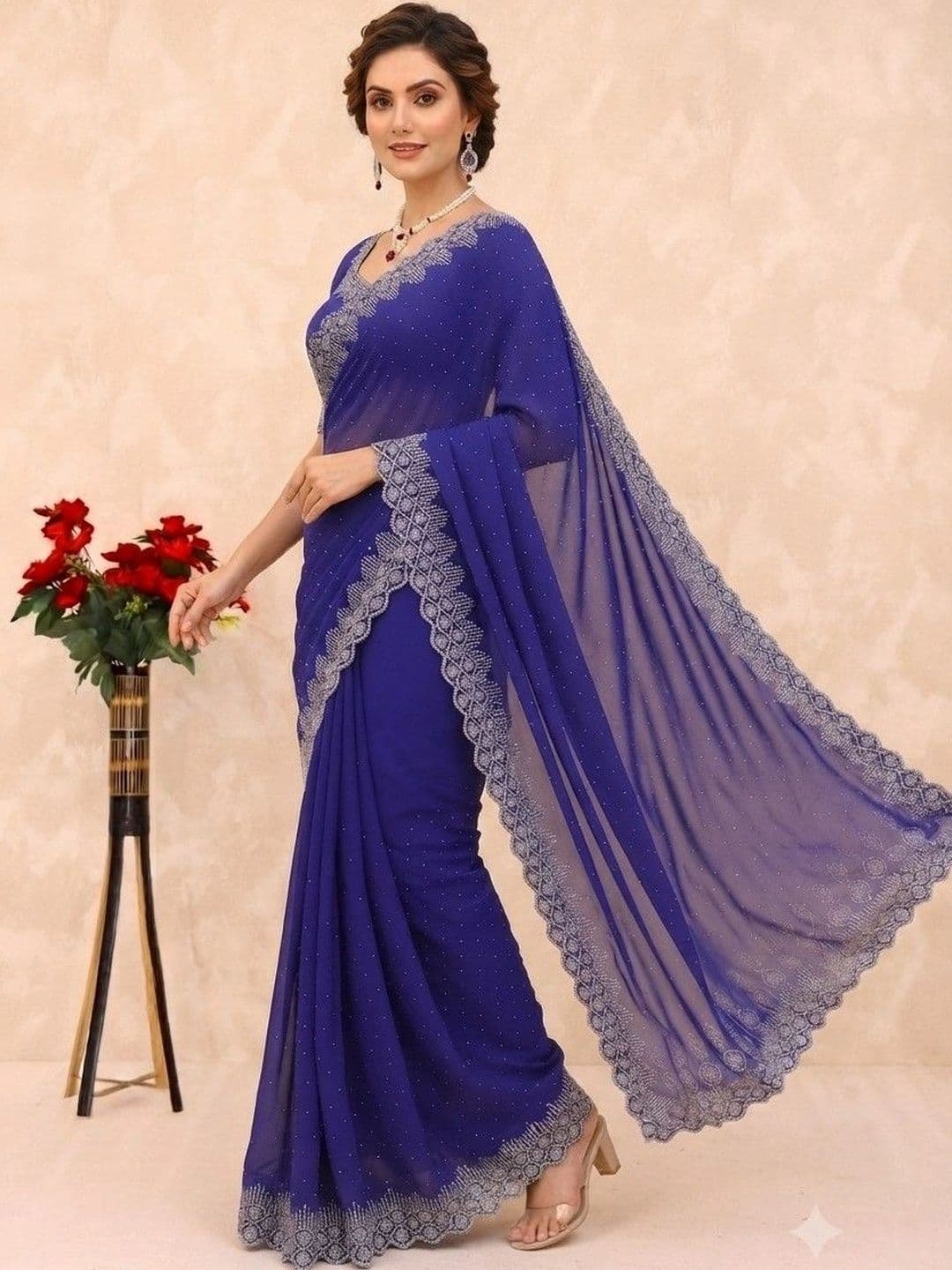 SmileyFashion Embellished Pure Georgette Saree thumbnail 3