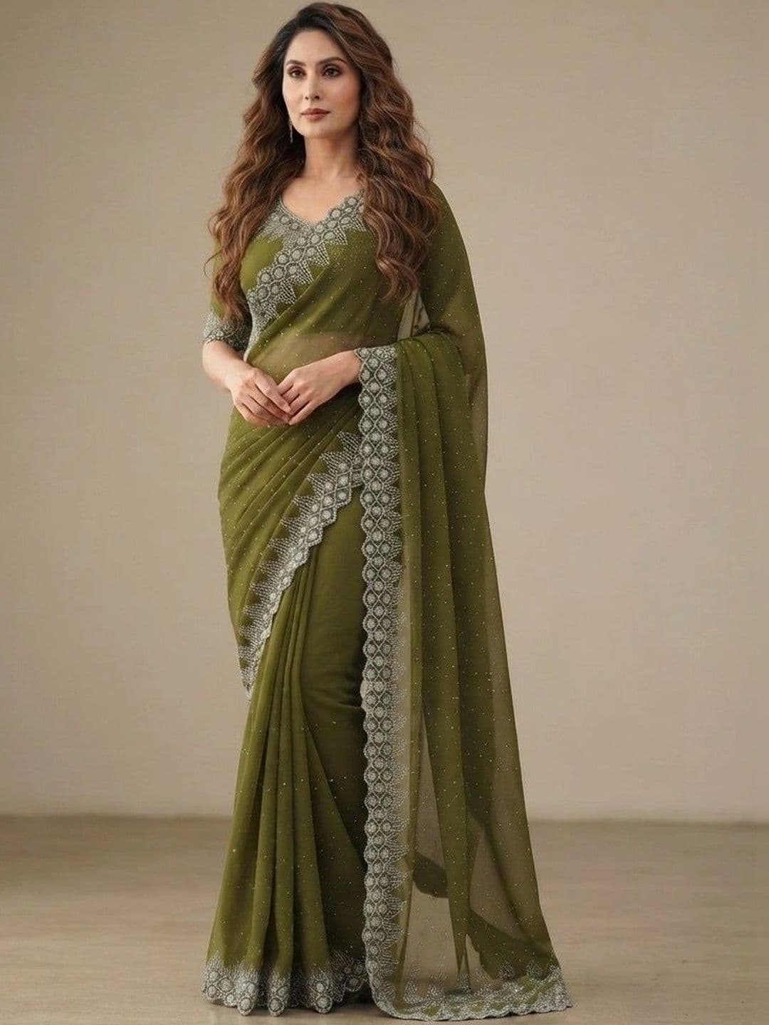 SmileyFashion Embellished Pure Georgette Saree thumbnail 2