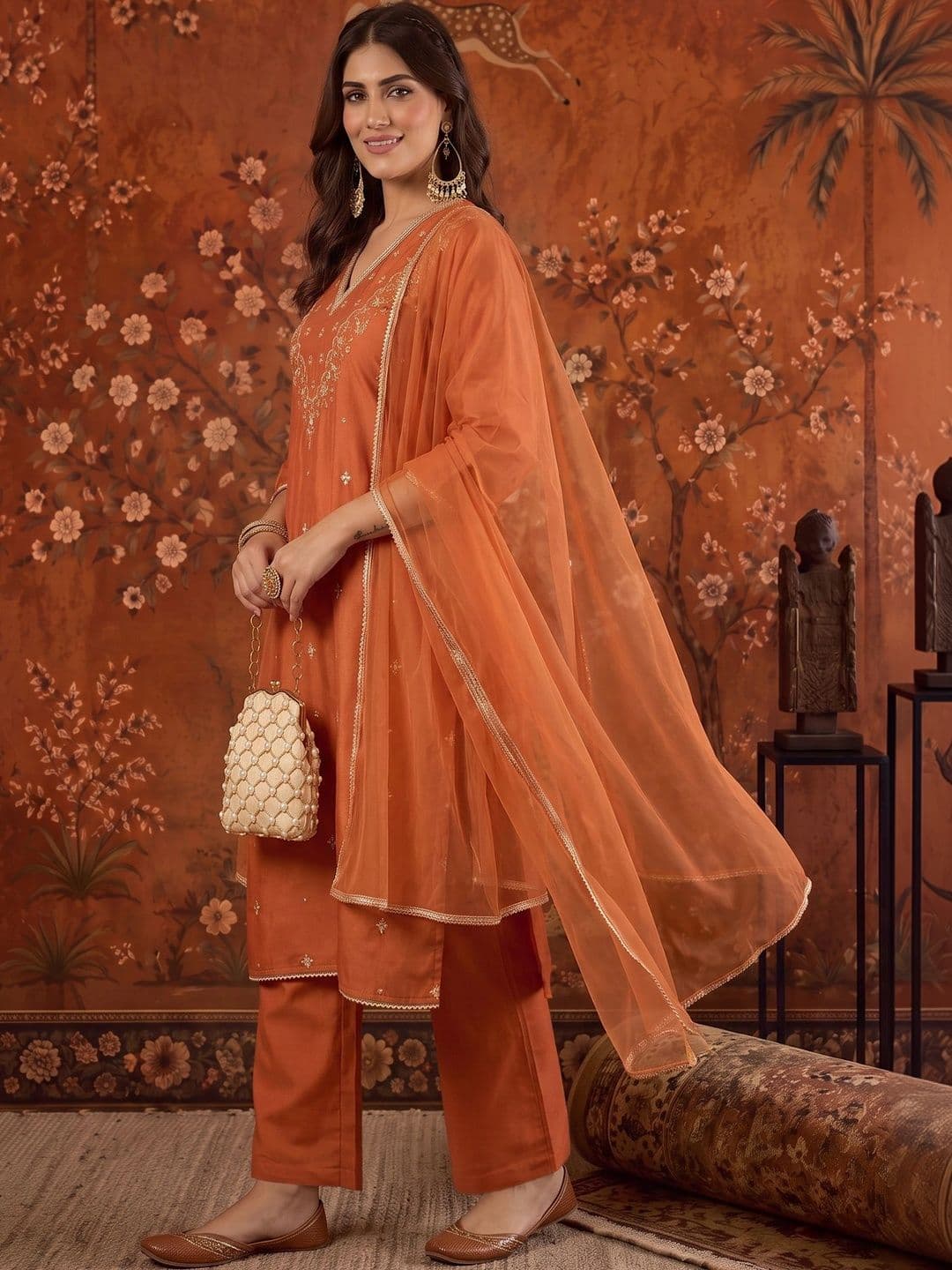 Sangria Embroidered Silk Blend V-Neck Kurta & Trousers With Dupatta thumbnail 5