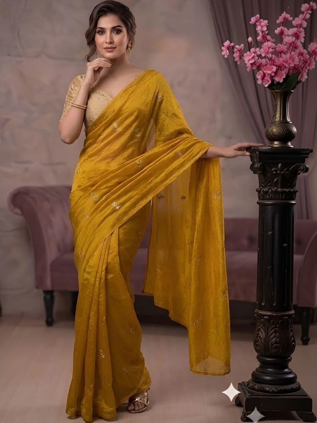 VRAGI Women Floral Embroidered Tissue Saree - view 1