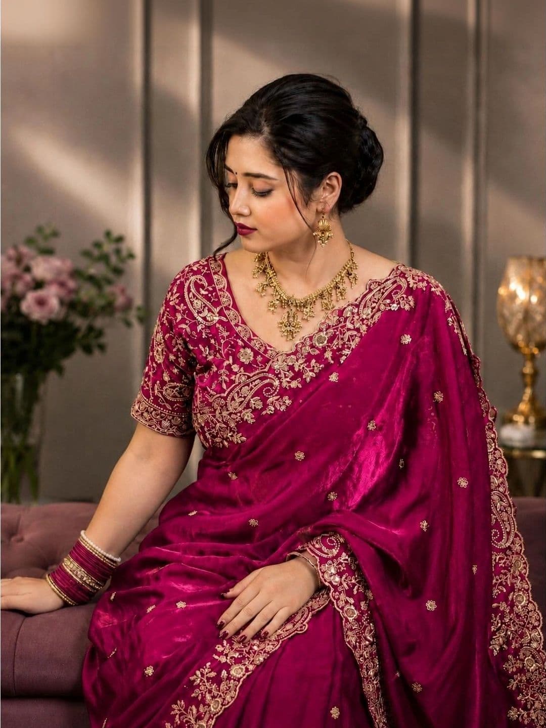 DHARMEE Ethnic Motifs Embroidered Satin Heavy Work Maheshwari Saree thumbnail 3