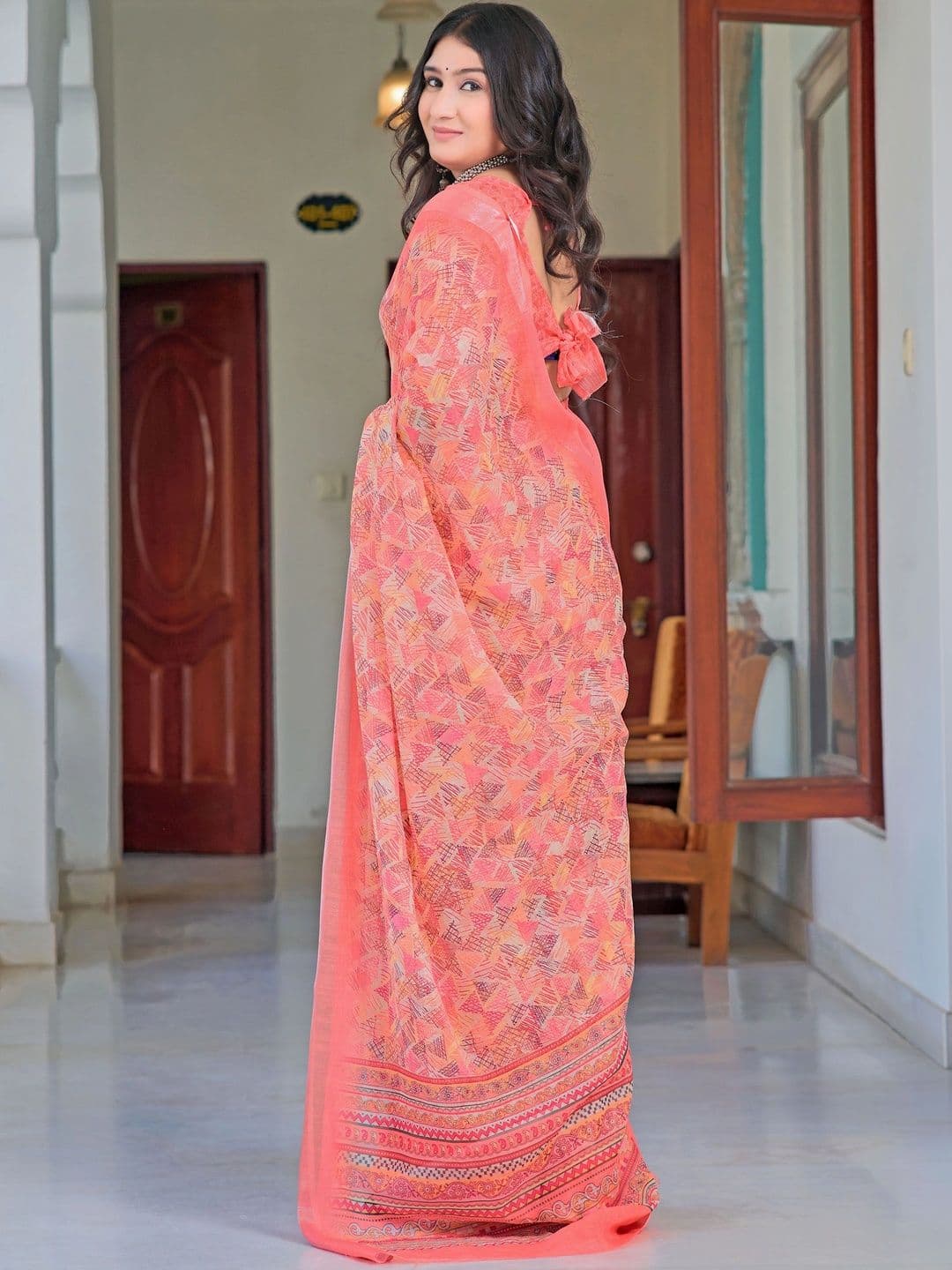 HERE&NOW Women Peach Multicolor Cotton Linen Saree thumbnail 3