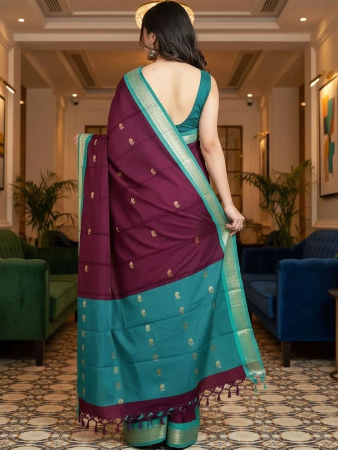 Sangria Woven Design Zari Pure Cotton Kanjeevaram Saree thumbnail 3