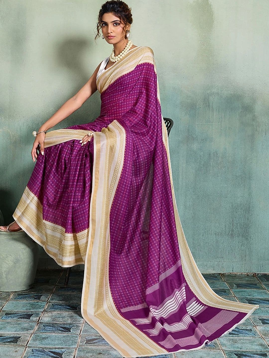 KALINI Zari Designer Block Print Saree thumbnail 6