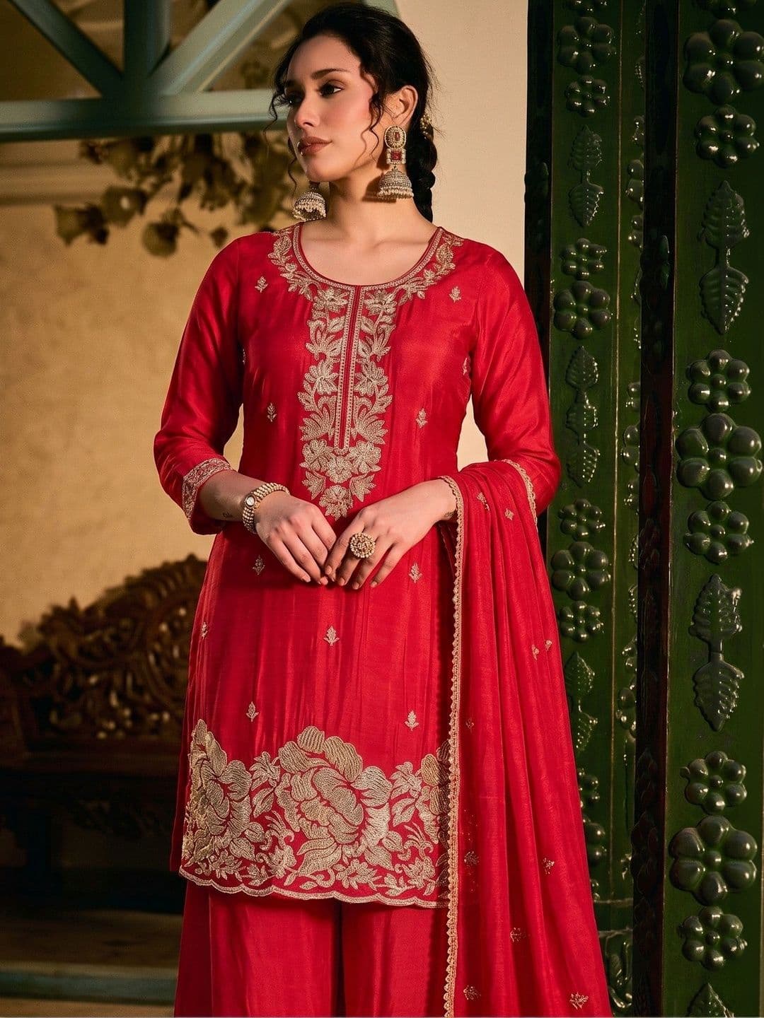 Navlik Women Ethnic Motifs Embroidered Regular Kurta with Palazzos & With Dupatta thumbnail 5