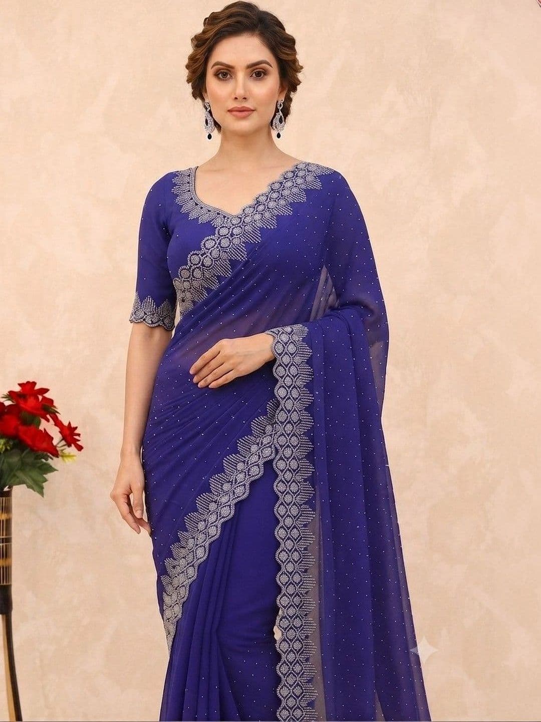 SmileyFashion Embellished Pure Georgette Saree thumbnail 2