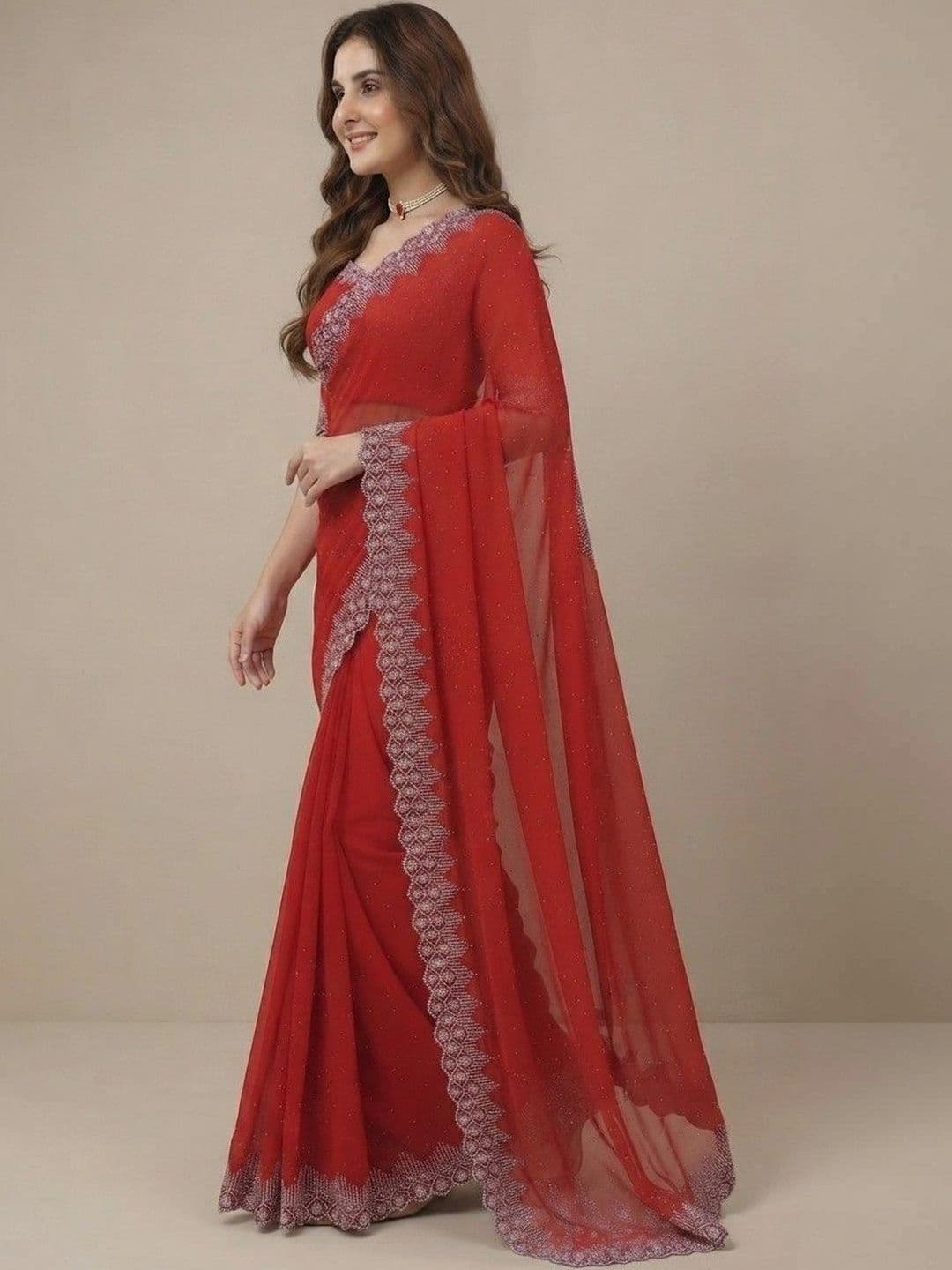 SmileyFashion Embroidered Pure Georgette Saree thumbnail 4