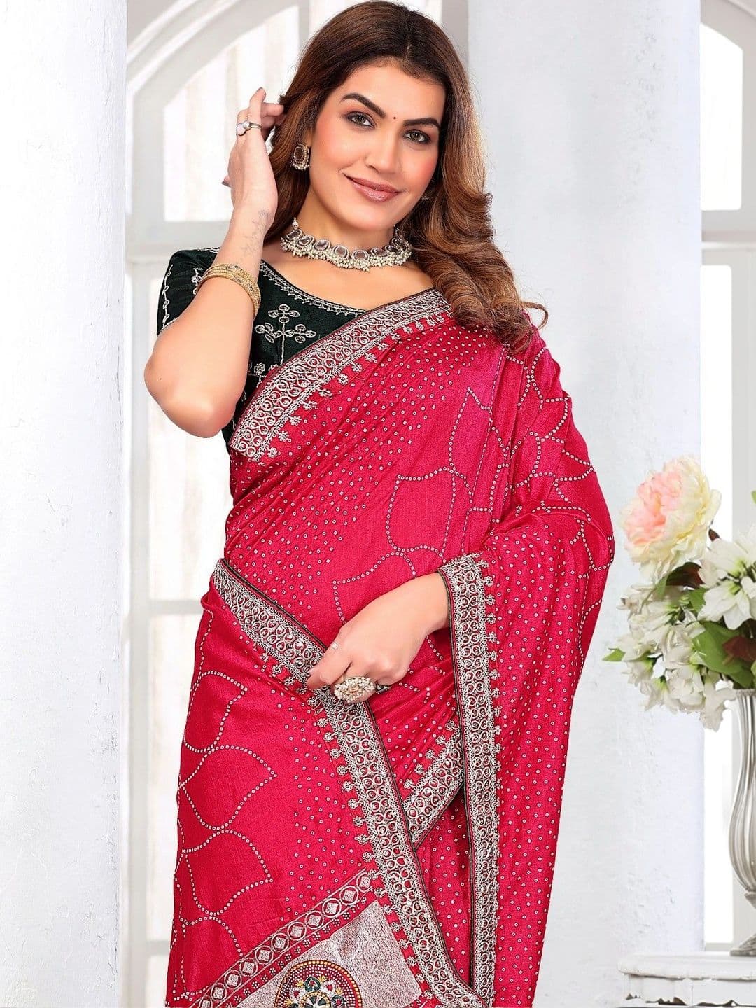 SmileyFashion Embellished Embroidered Art Silk Designer Saree thumbnail 3