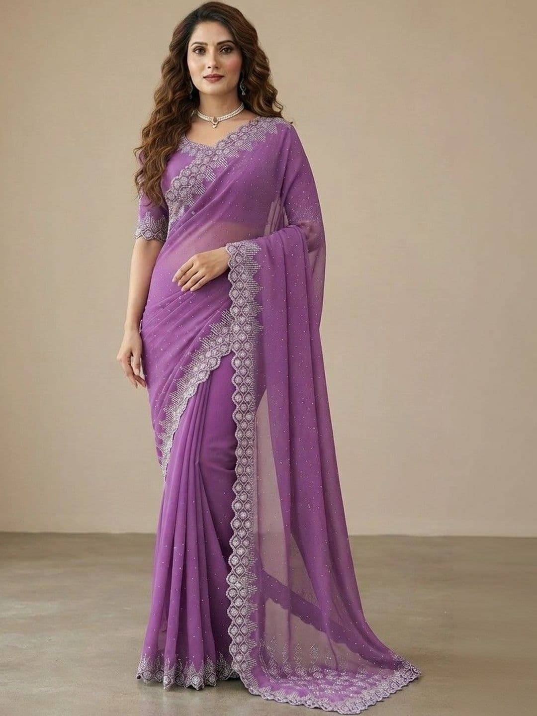 SmileyFashion Embroidered Pure Georgette Saree - view 1