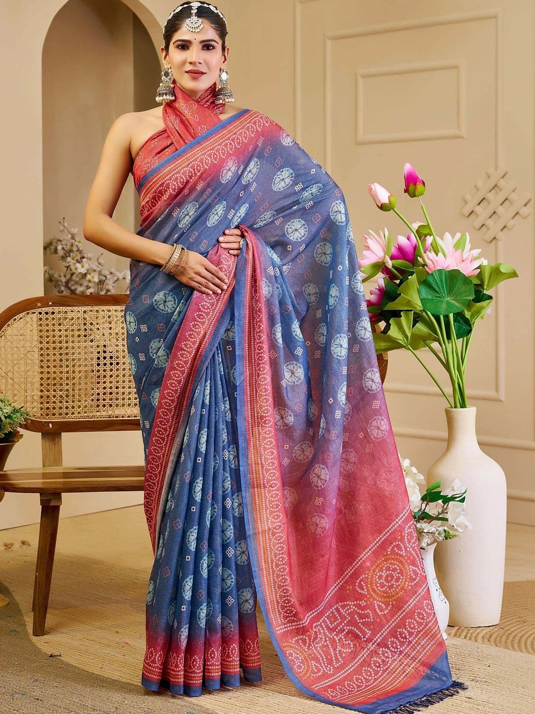 MANVAA Bandhani Silk Cotton Handloom Saree - view 1