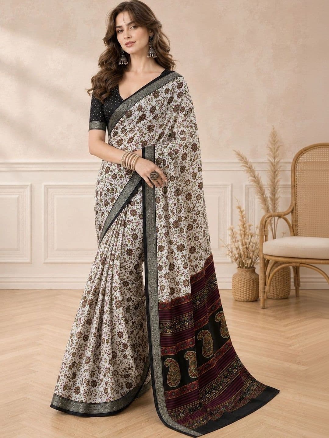 all about you Women Floral Zari Poly Crepe Fusion Saree thumbnail 6