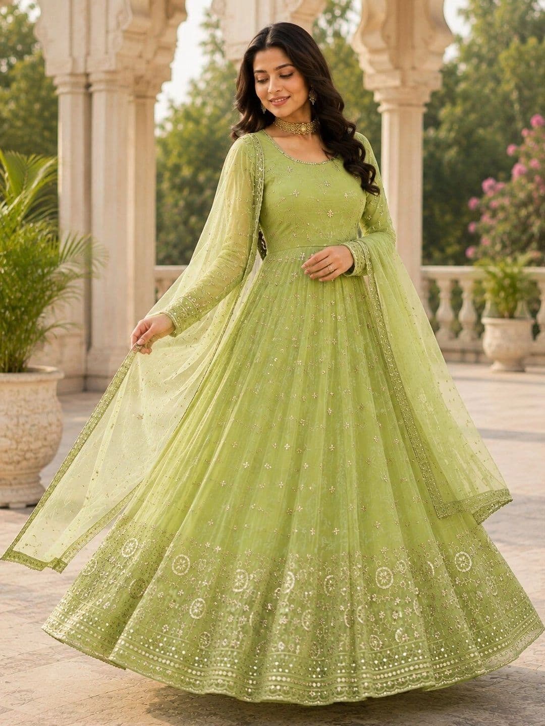 KALINI Women Ethnic Motifs Embroidered Empire Sequinned Kurta with Trousers & With Dupatta thumbnail 2