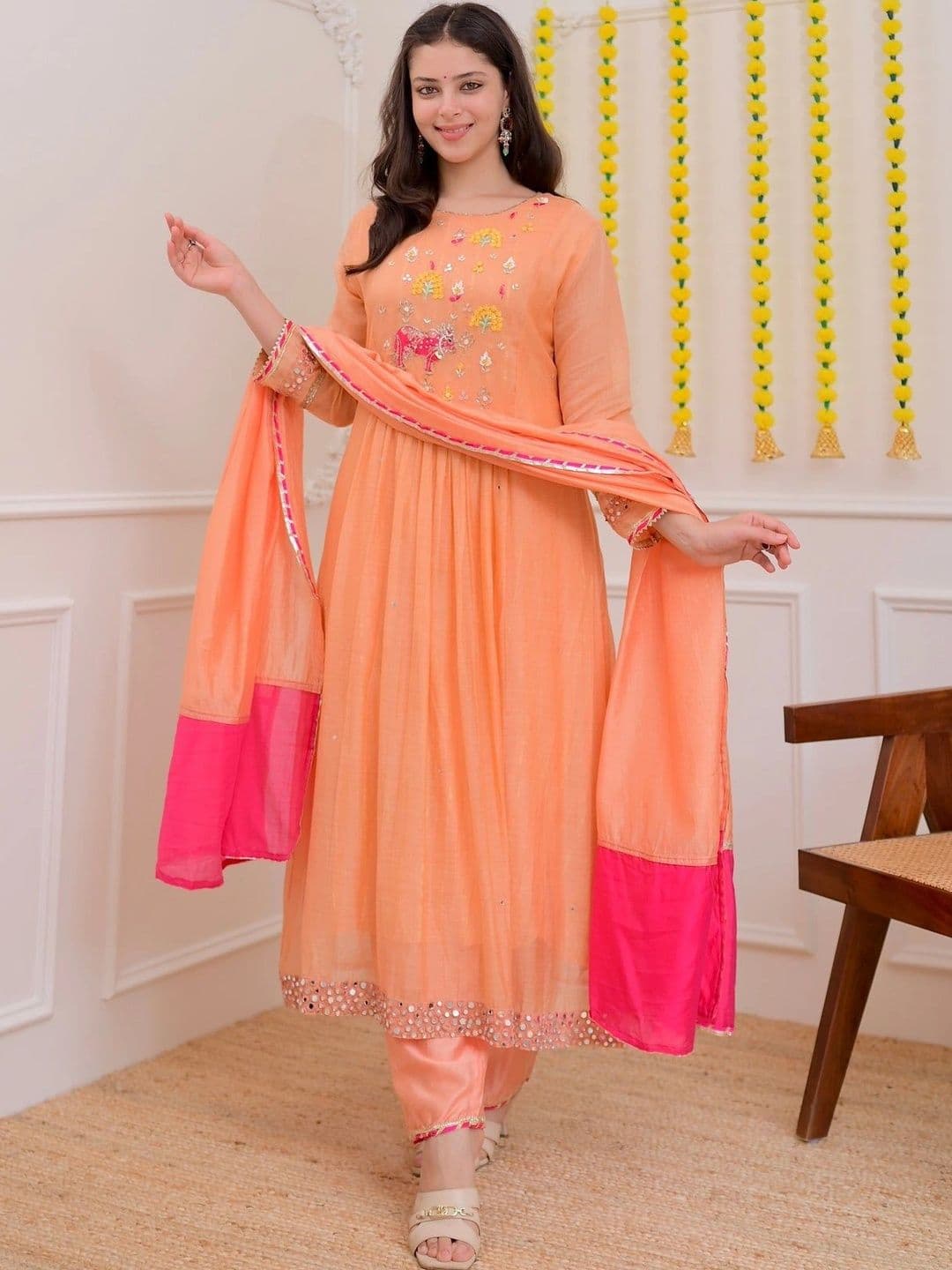 Sangria Women Ethnic Motifs Embroidered Empire Mirror Work Kurta with Trousers & With Dupatta - view 1