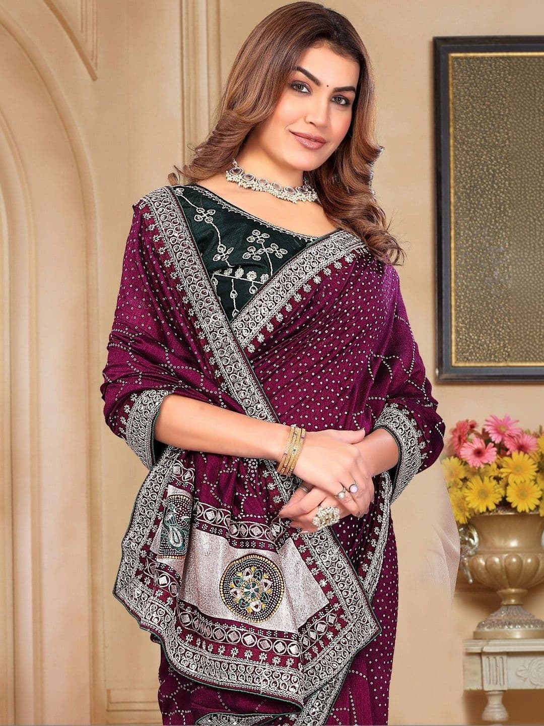 SmileyFashion Bandhani Embroidered Art Silk Designer Saree thumbnail 4