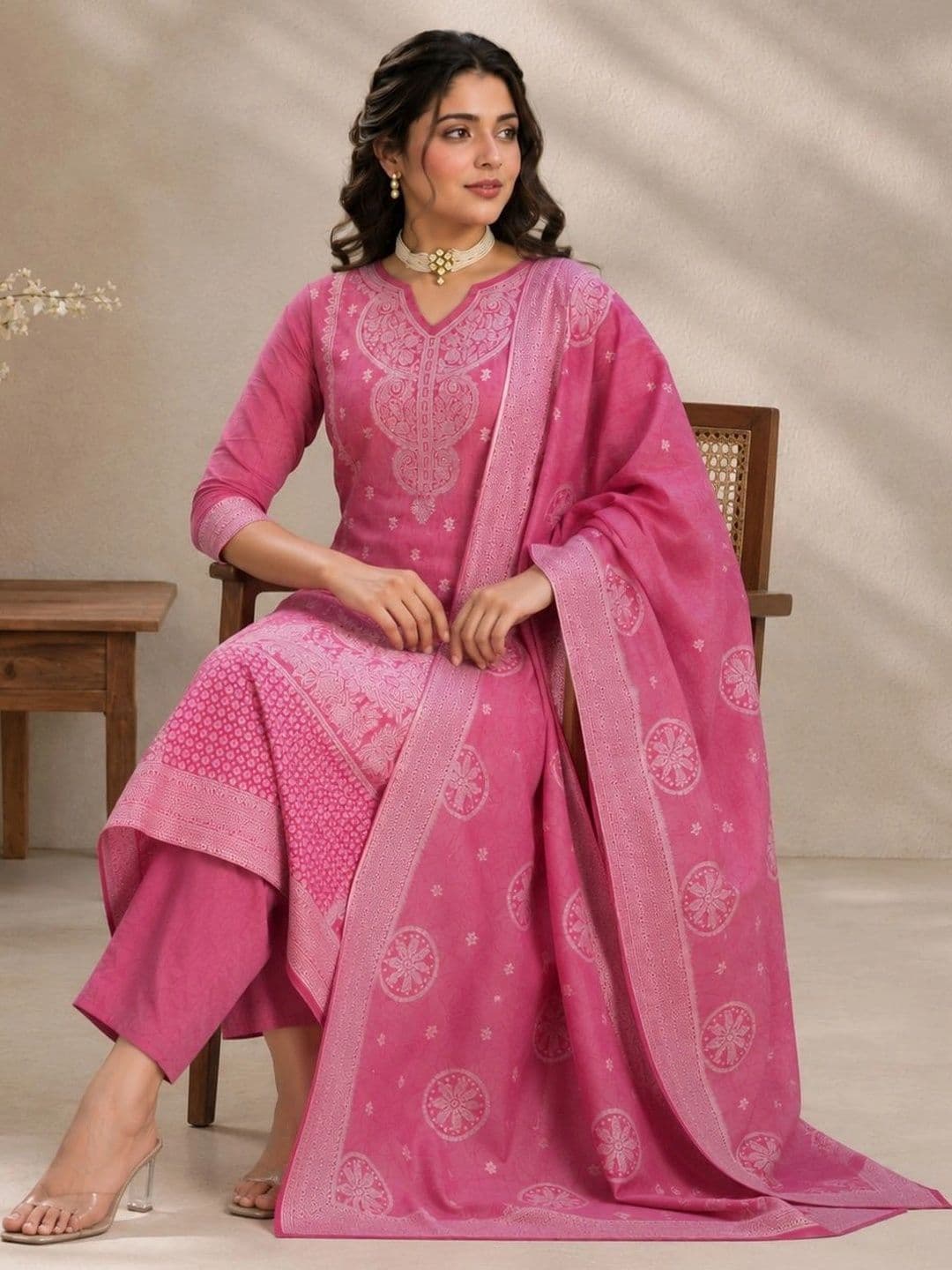 SAIYAMORI Women Ethnic Motifs Regular Pure Cotton Kurta with Trousers & With Dupatta thumbnail 4