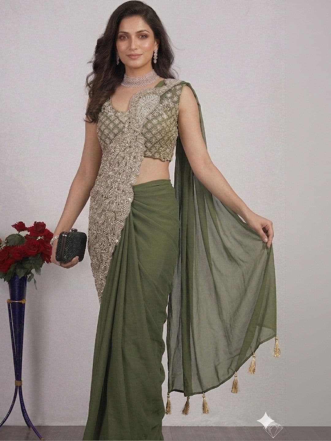 SmileyFashion Embellished Embroidered Pure Georgette Designer Saree thumbnail 4