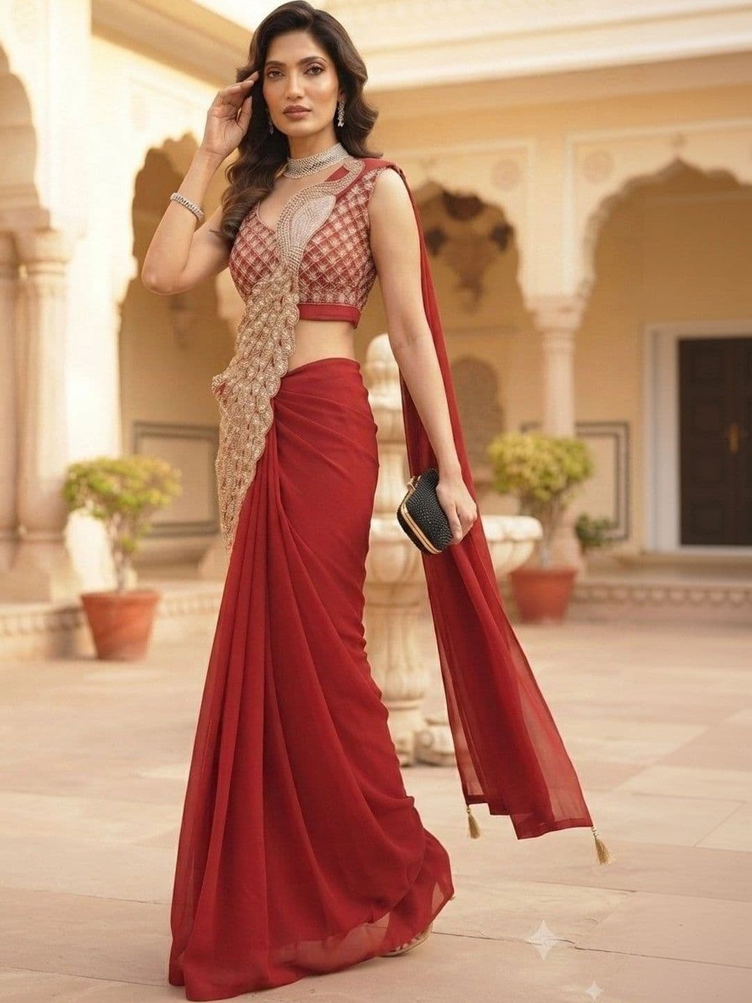 SmileyFashion Embellished Embroidered Pure Georgette Designer Saree thumbnail 3