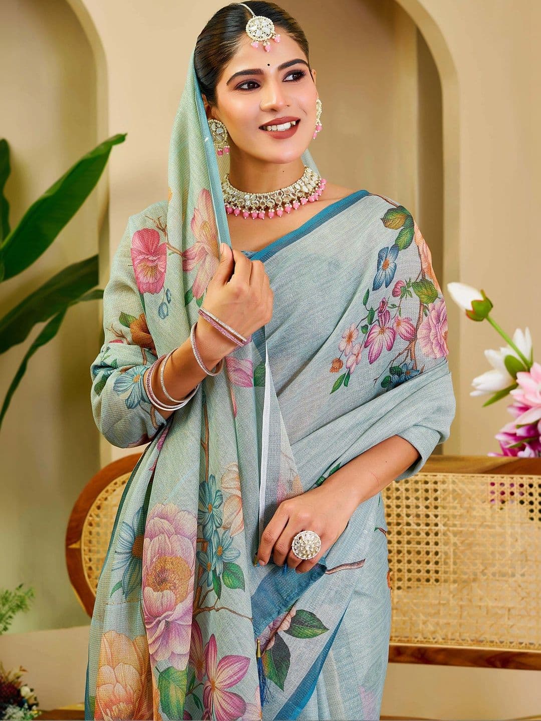 HERE&NOW Women Floral Silk Cotton Handloom Saree thumbnail 6