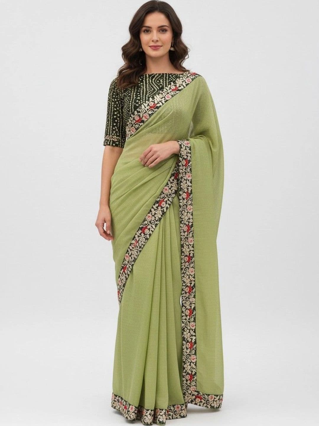 SmileyFashion Floral Embroidered Poly Chiffon Designer Saree thumbnail 5
