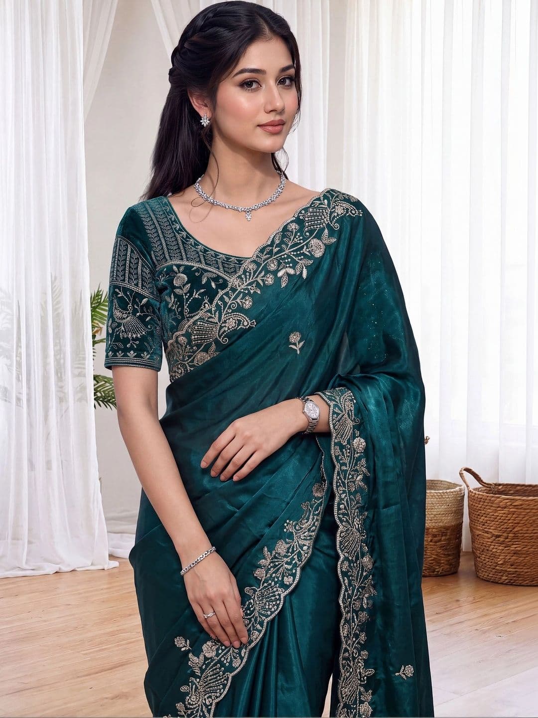 Zari and Ziba Floral Embroidered Satin Designer Saree thumbnail 5