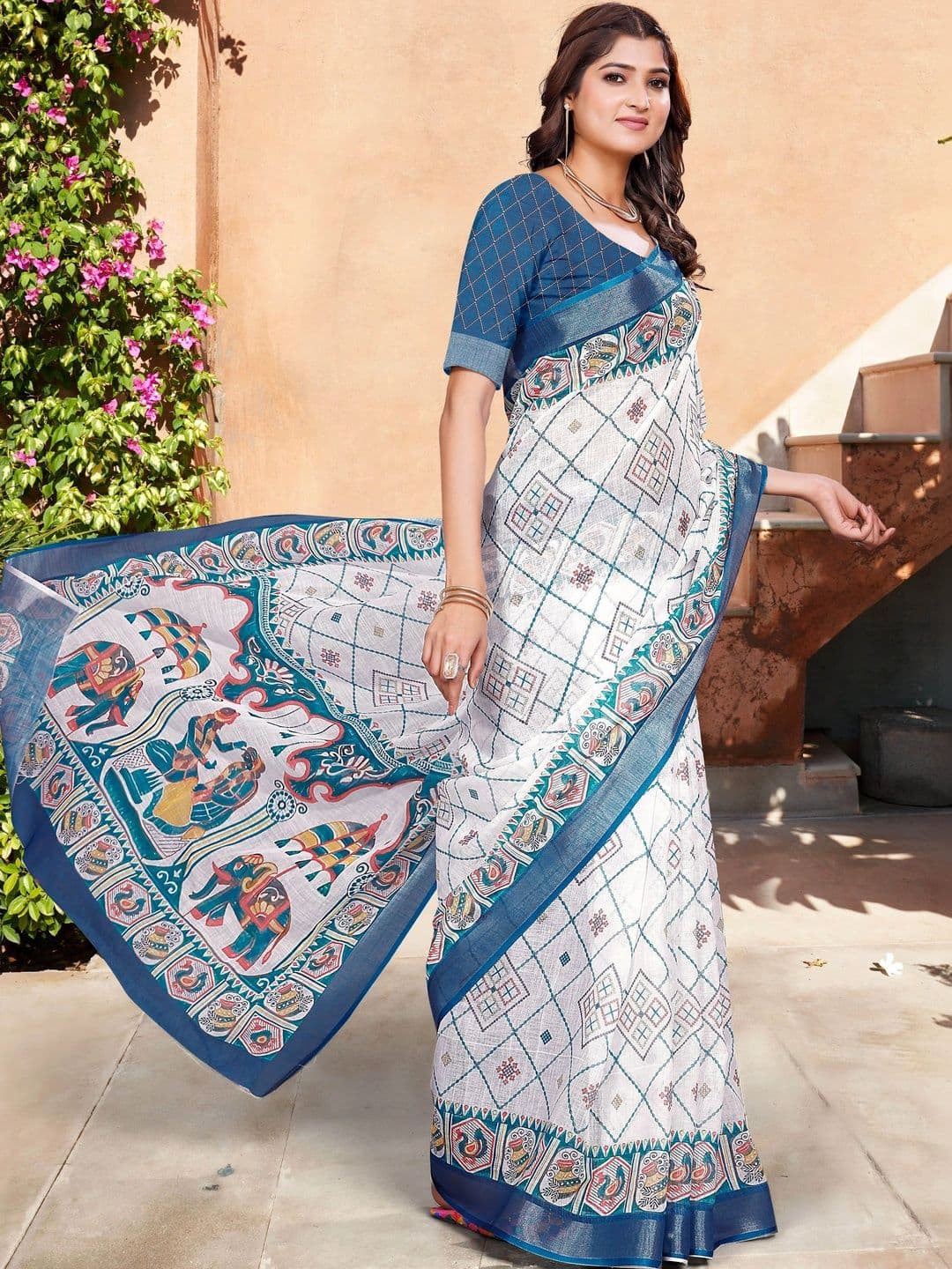 HERE&NOW Women Kalamkari Cotton Blend Saree thumbnail 2