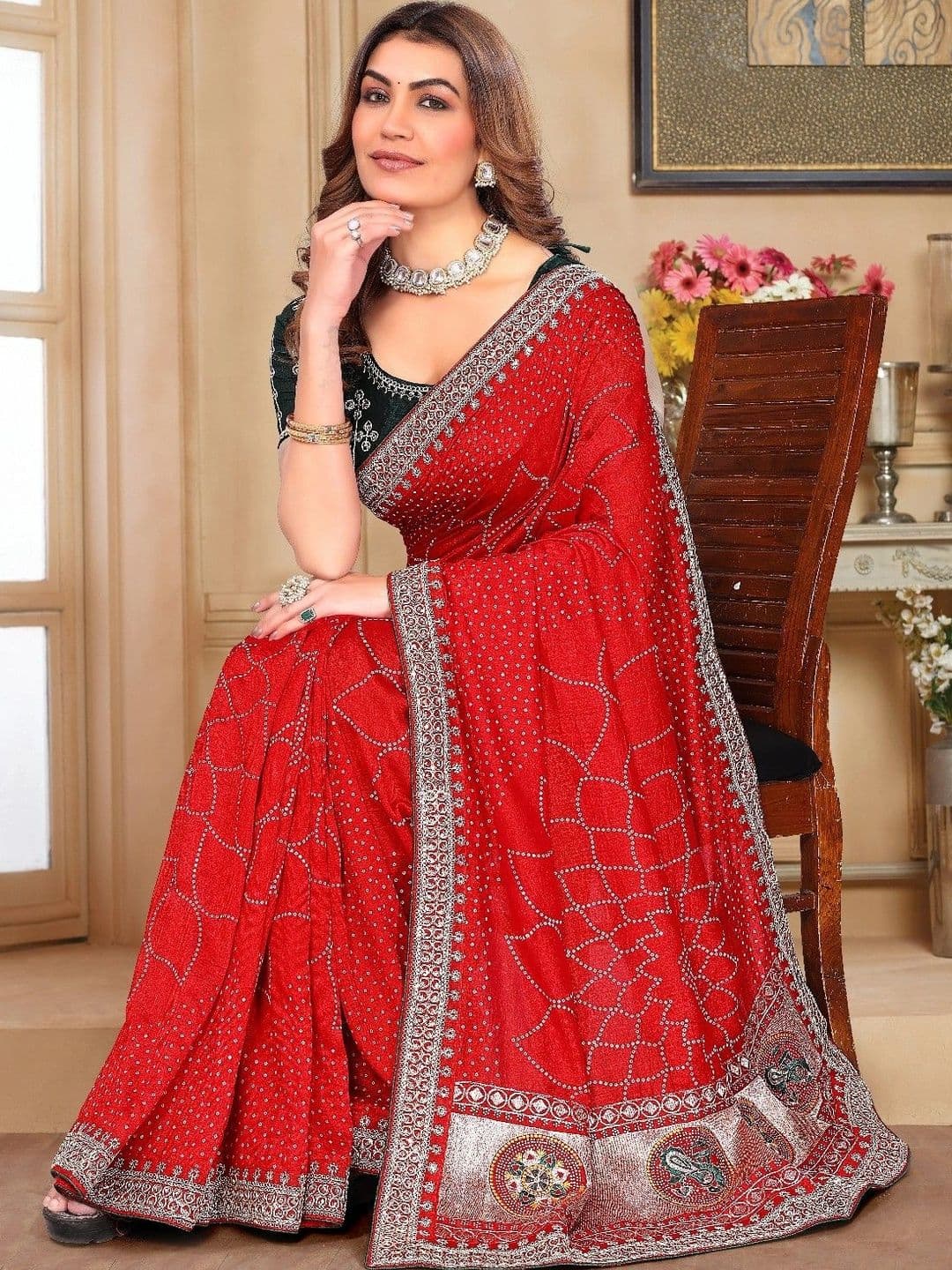 SmileyFashion Bandhani Embroidered Art Silk Designer Saree thumbnail 4