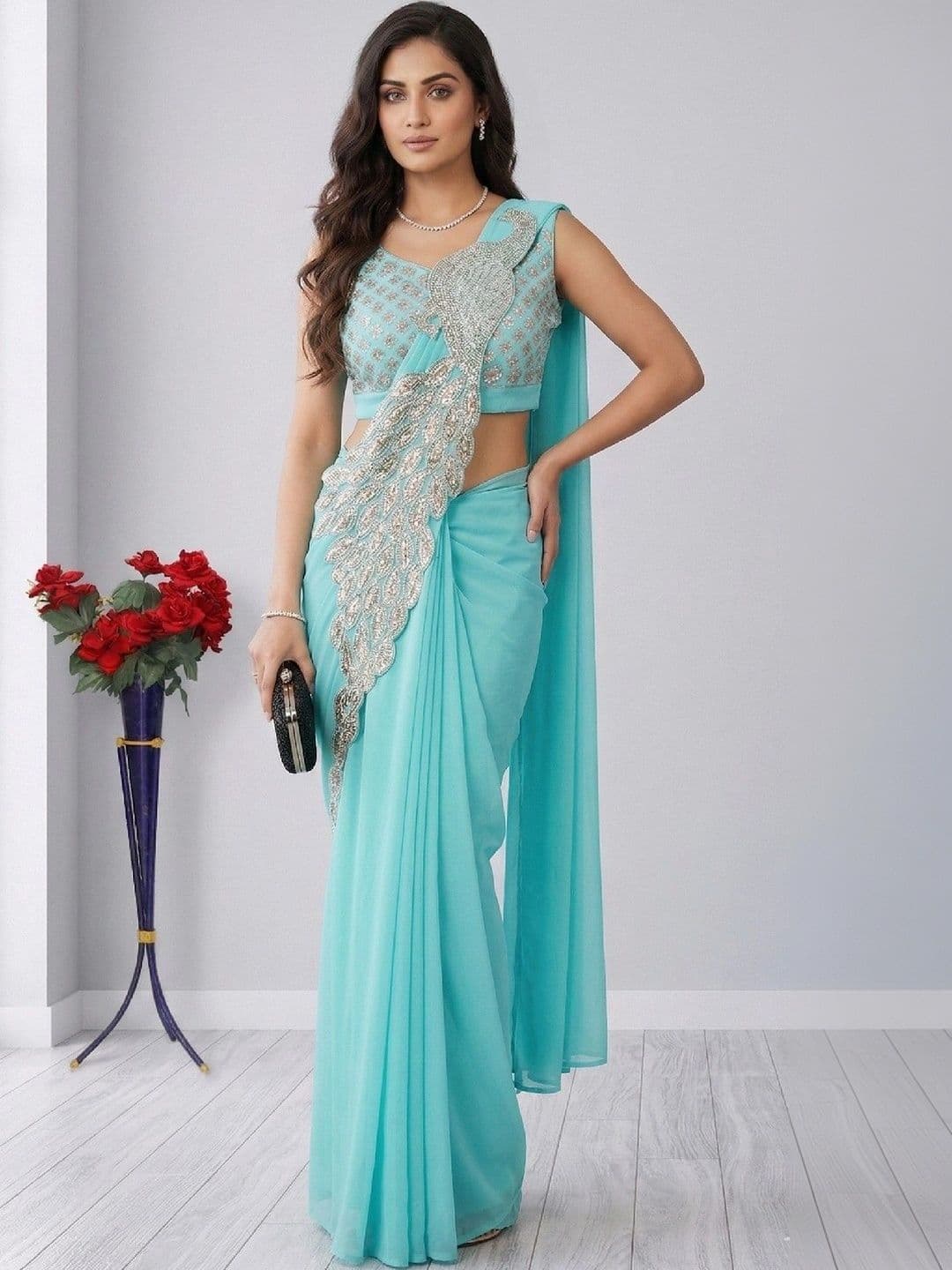 SmileyFashion Embellished Embroidered Pure Georgette Designer Saree thumbnail 2