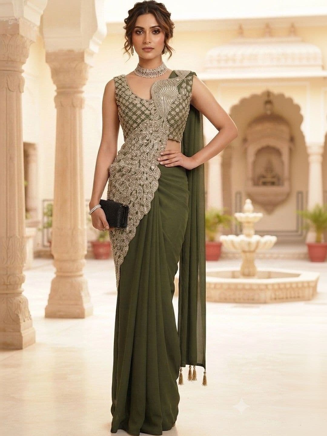 SmileyFashion Embellished Embroidered Pure Georgette Designer Saree - view 1