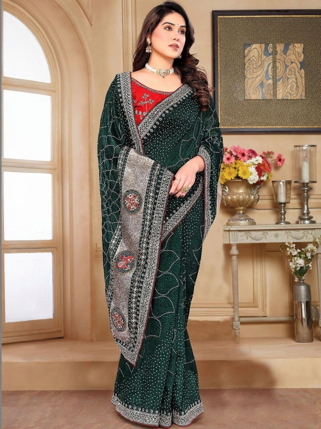 SmileyFashion Bandhani Embroidered Art Silk Designer Saree thumbnail 2