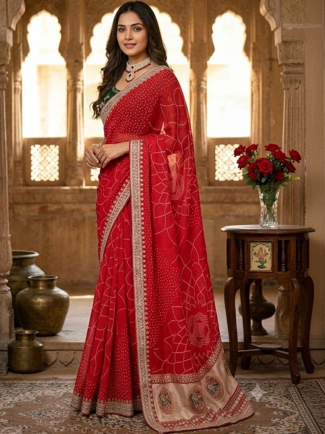 SmileyFashion Bandhani Embroidered Art Silk Designer Saree thumbnail 2