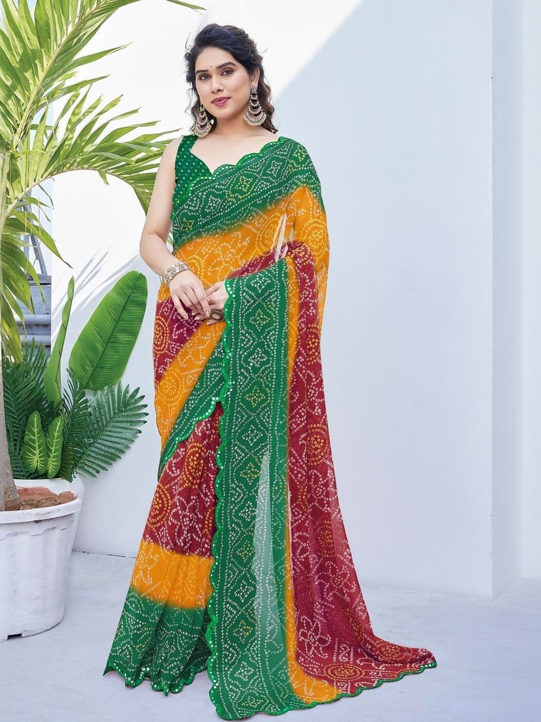 Subham Bandhani Mirror Work Poly Georgette Bandhani Saree thumbnail 2