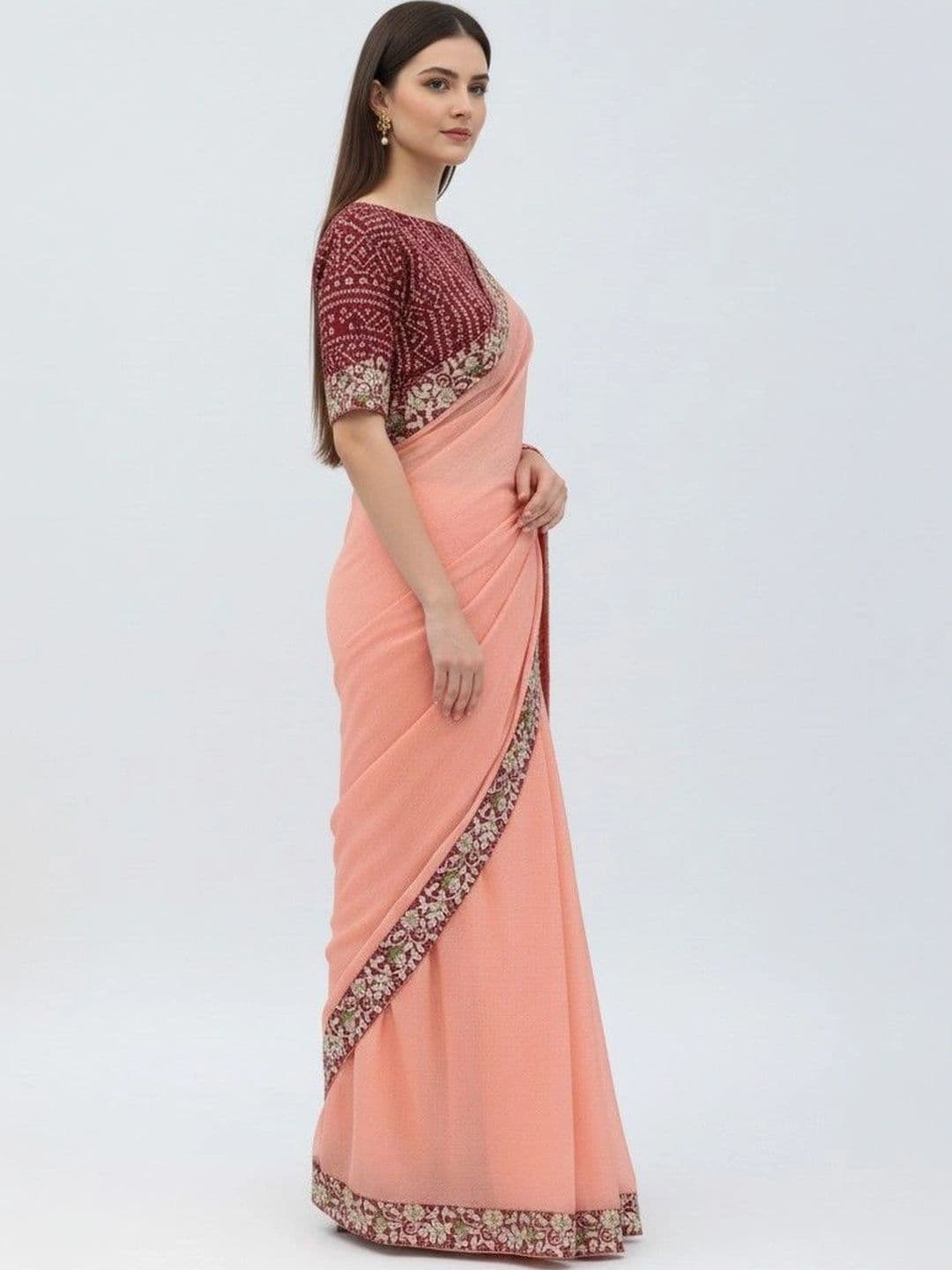 SmileyFashion Floral Embroidered Poly Chiffon Designer Saree thumbnail 3