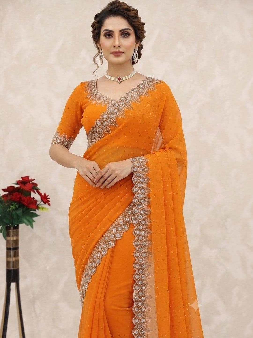 SmileyFashion Embroidered Pure Georgette Saree thumbnail 6