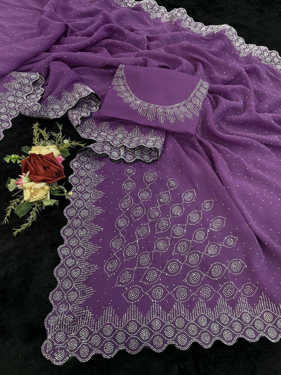 SmileyFashion Embroidered Pure Georgette Saree thumbnail 4