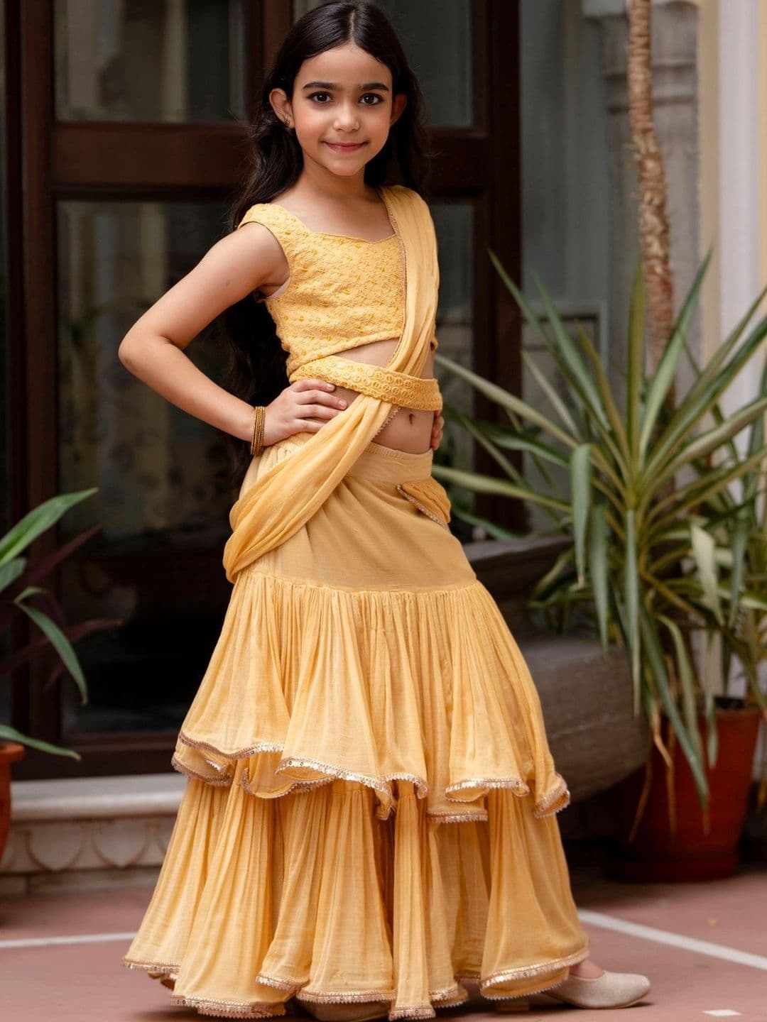 YK Girls Embroidered Sequinned Ready to Wear Lehenga & thumbnail 2