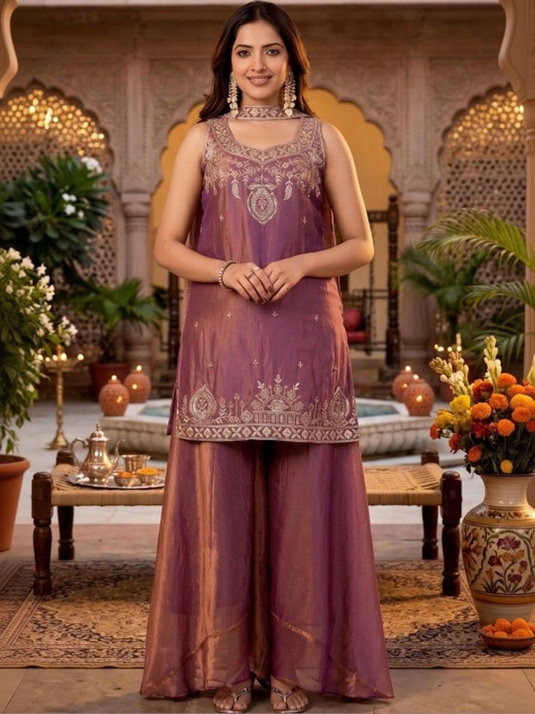 Tankori Women Ethnic Motifs Embroidered Regular Kurta with Palazzos & With Dupatta thumbnail 4
