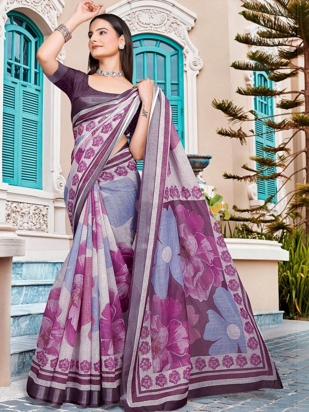 Maroosh Saree with Floral Border Print thumbnail 4