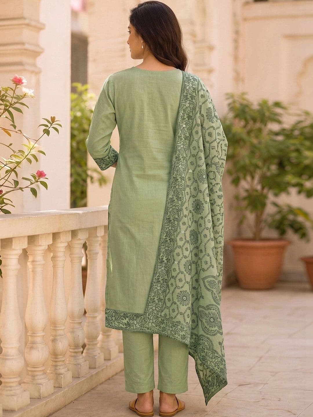 SKYLEE Women Ethnic Motifs Printed Regular Pure Cotton Kurta with Trousers & With Dupatta thumbnail 3