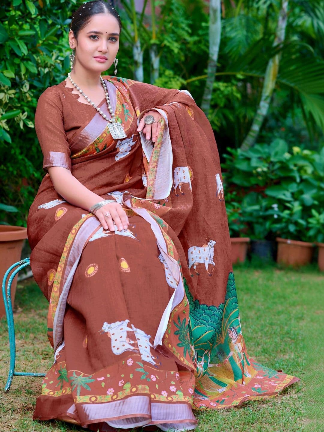 MANVAA Women Brown Cotton Linen Saree thumbnail 3