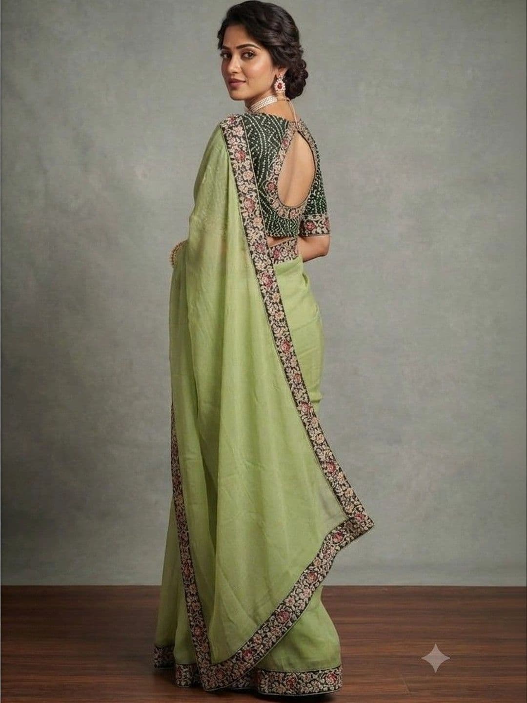 SmileyFashion Floral Embroidered Poly Chiffon Designer Saree thumbnail 4