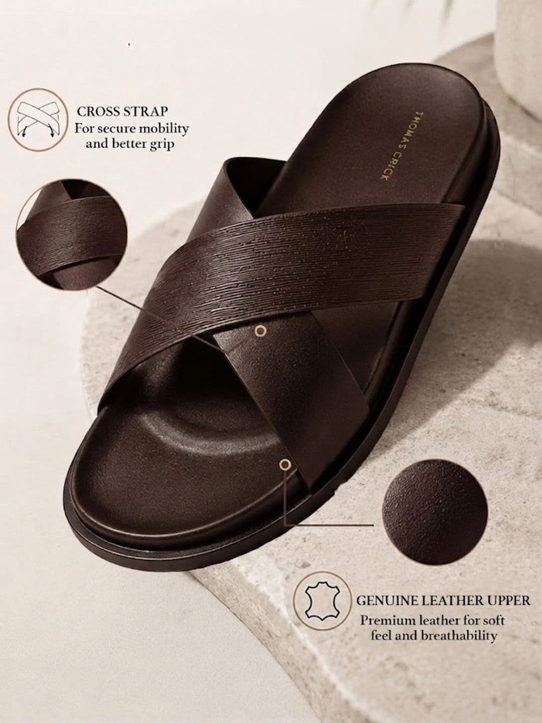 THOMAS CRICK Men Brown Leather Shoe-Style Sandals thumbnail 2
