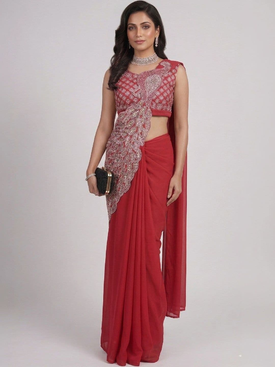 SmileyFashion Embellished Embroidered Pure Georgette Designer Saree - view 1