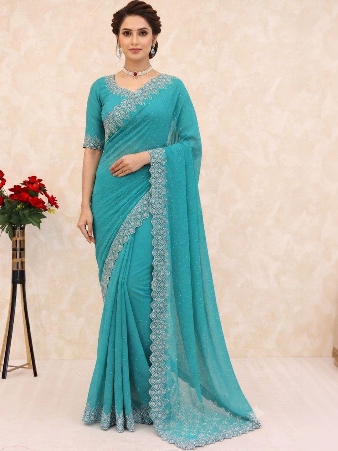 SmileyFashion Embellished Pure Georgette Saree - view 1