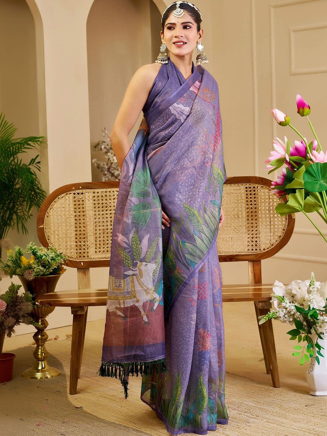 MANVAA Women Floral Printed Silk Cotton Handloom Saree thumbnail 6