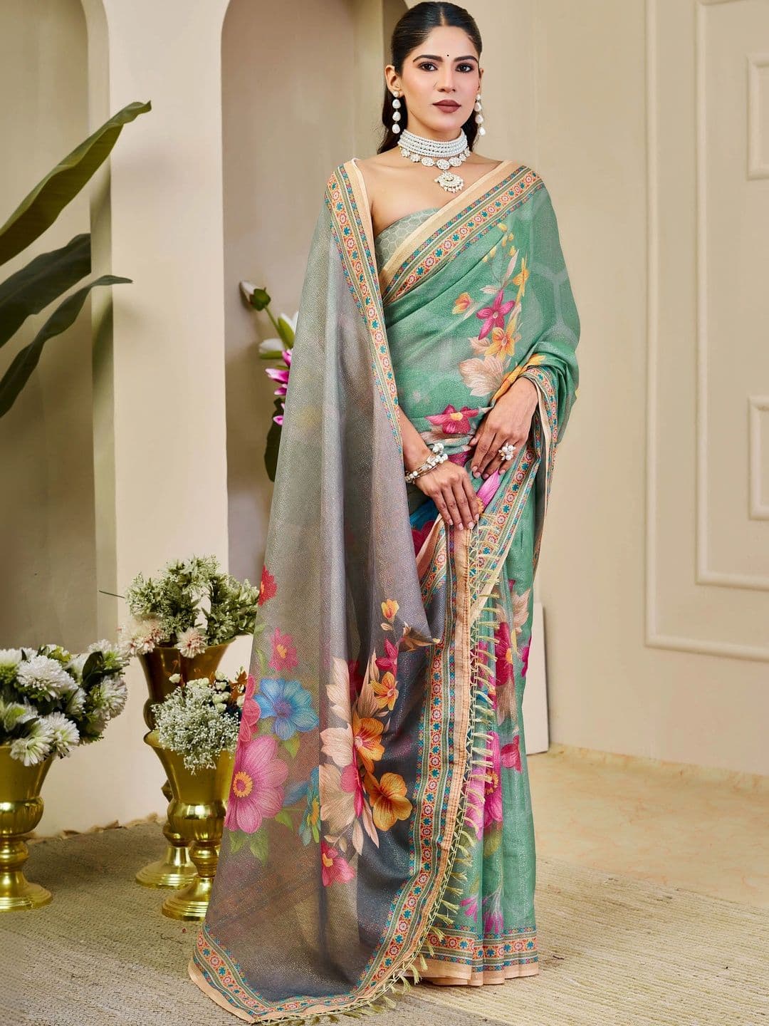HERE&NOW Floral Silk Cotton Fusion Saree thumbnail 6